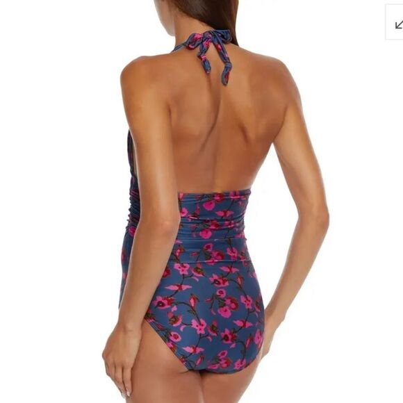 VIX PAULA HERMANNY Fiore Bia Ruched Floral-Print Halterneck Swimsuit Cobalt Blue - Picture 3 of 13